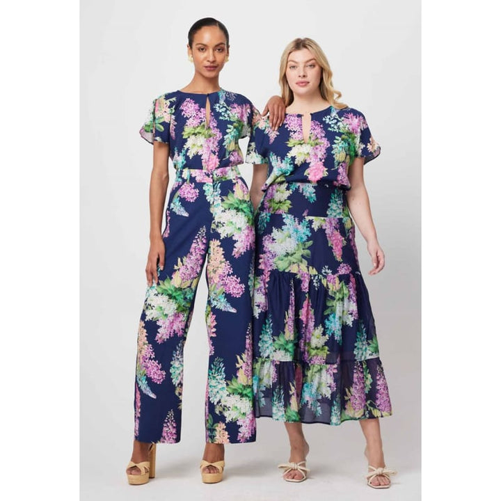 Augustine Waterfall Sleeve Viscose Top | Navy Wisteria - Tops