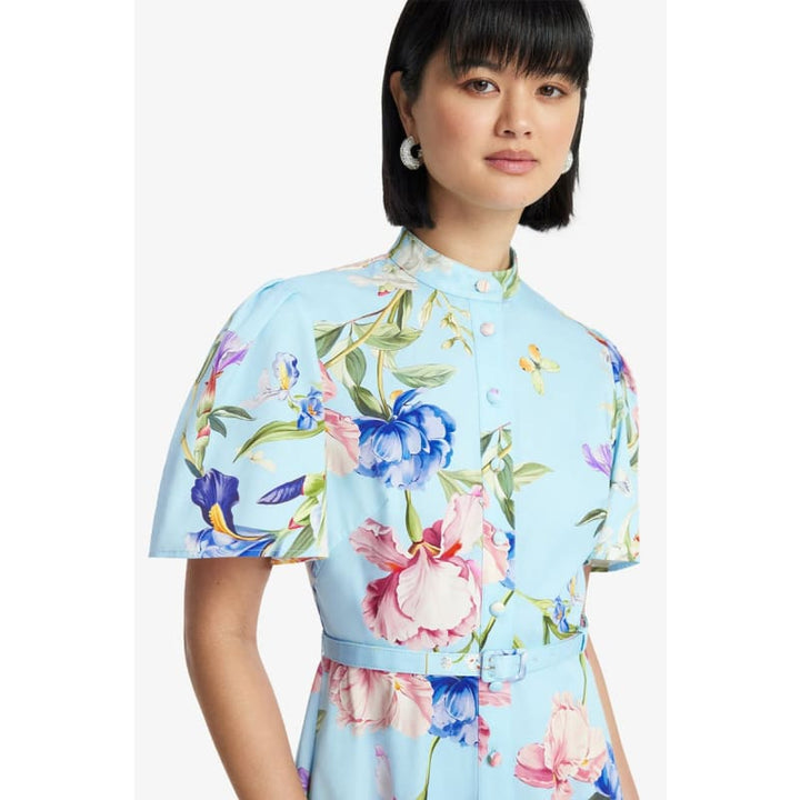 Bianca Short Sleeve Midi Dress | Garden Print in Baby Blue - Dress