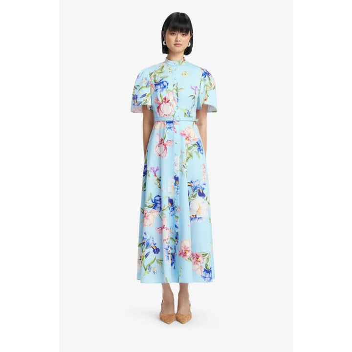 Bianca Short Sleeve Midi Dress | Garden Print in Baby Blue - Dress