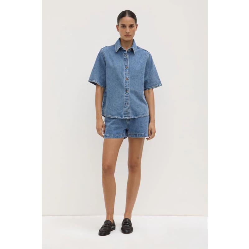 Boxy Denim Short Sleeve Shirt | Dark Stone - Tops