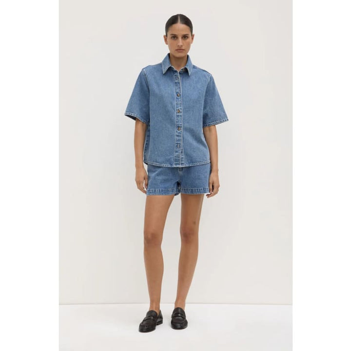 Boxy Denim Short Sleeve Shirt | Dark Stone - Tops