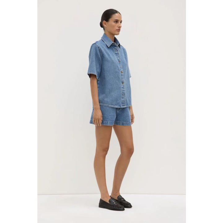Boxy Denim Short Sleeve Shirt | Dark Stone - Tops