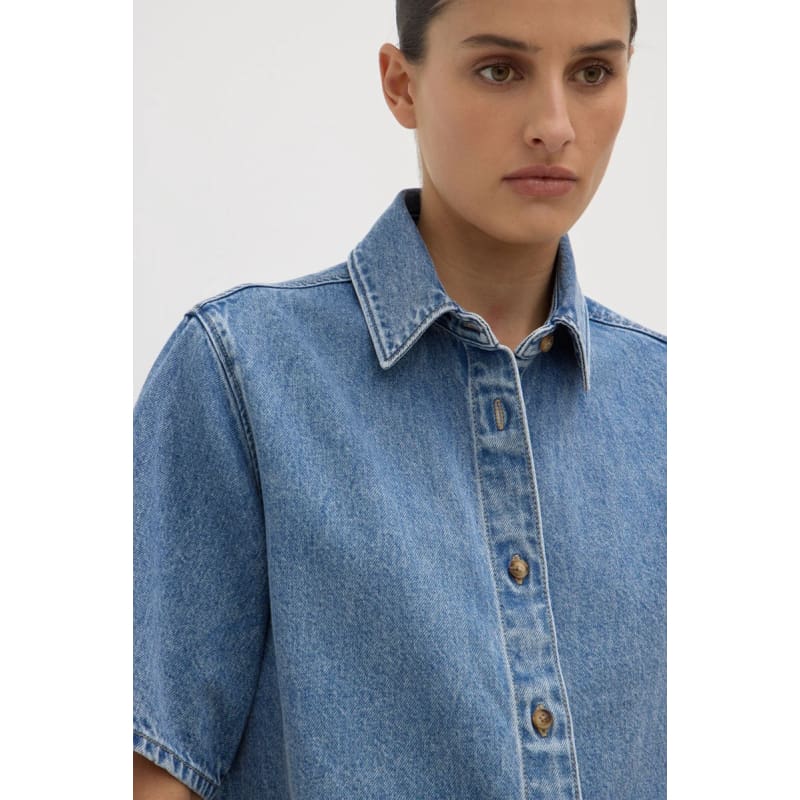 Boxy Denim Short Sleeve Shirt | Dark Stone - Tops