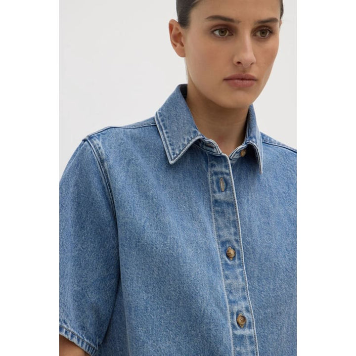 Boxy Denim Short Sleeve Shirt | Dark Stone - Tops