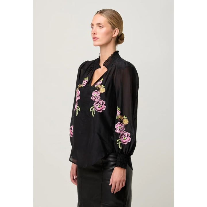 Catalina Embroidered Cotton Silk Blouse | Black Flores