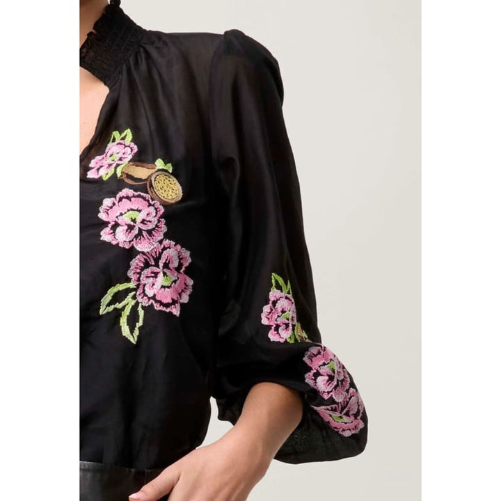 Catalina Embroidered Cotton Silk Blouse | Black Flores
