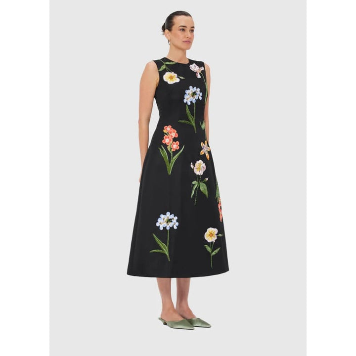 Cleo Embroidered Sleeveless Midi Dress | Botanical Print Ebony - Dress