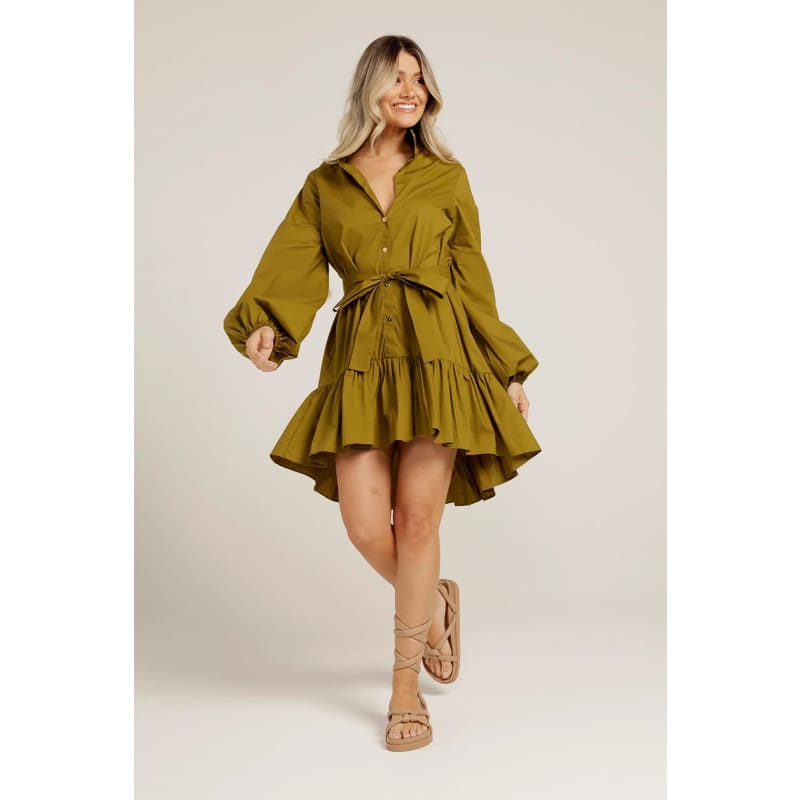 Cotton Ruffle Mini Dress | Army Green