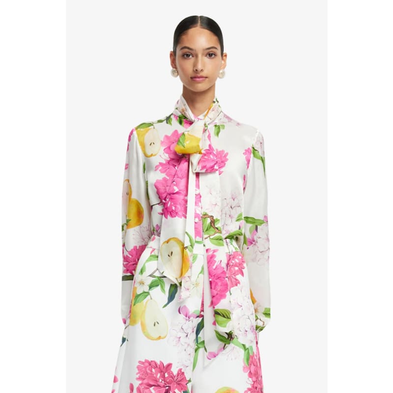 Freya Tie Neck Silk Blouse | Floral Pear Print - Tops
