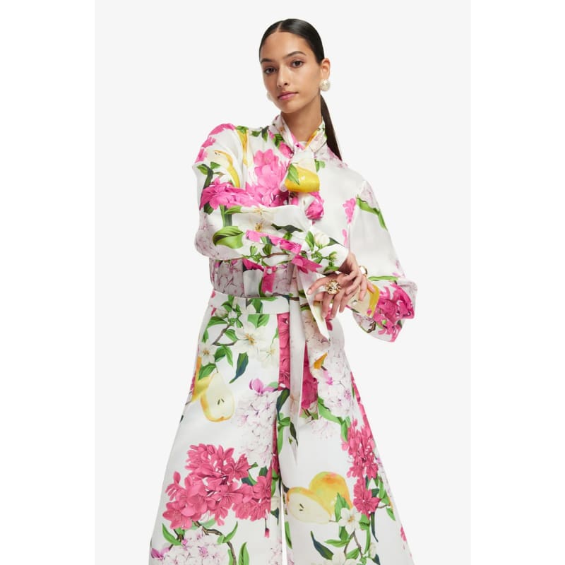 Freya Tie Neck Silk Blouse | Floral Pear Print - Tops