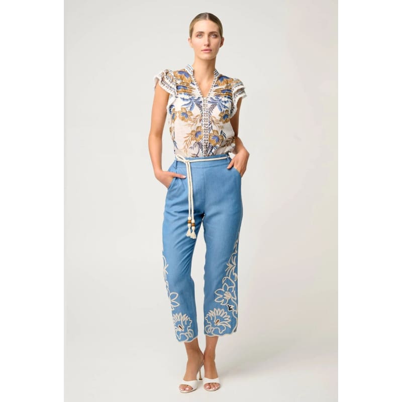 Helm Tencel Embroidered Straight Leg Pant | Sky - Bottoms