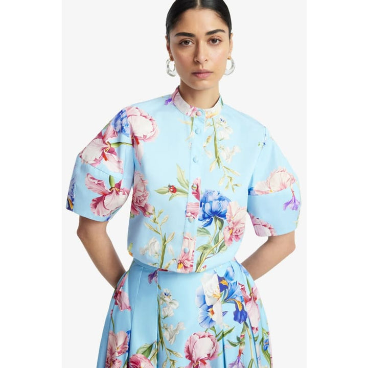 Jemma Blouse | Garden Print in Baby Blue - Tops