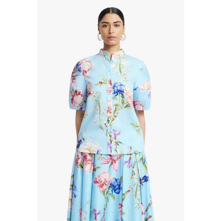 Jemma Blouse | Garden Print in Baby Blue - Tops