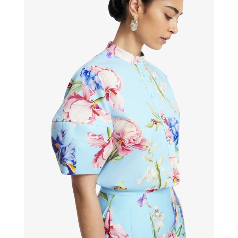 Jemma Blouse | Garden Print in Baby Blue - Tops
