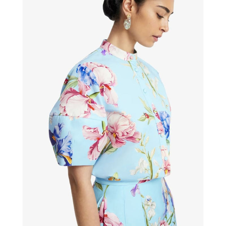 Jemma Blouse | Garden Print in Baby Blue - Tops