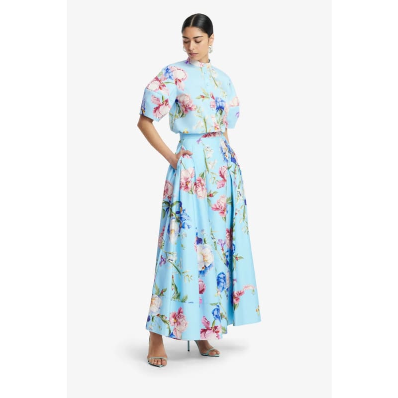 Jemma Blouse | Garden Print in Baby Blue - Tops