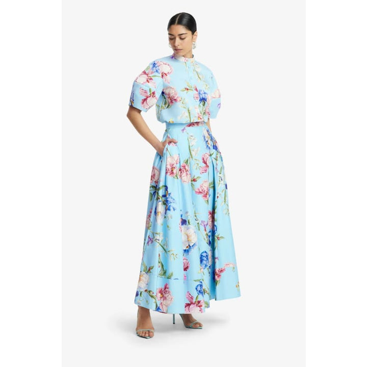 Jemma Blouse | Garden Print in Baby Blue - Tops