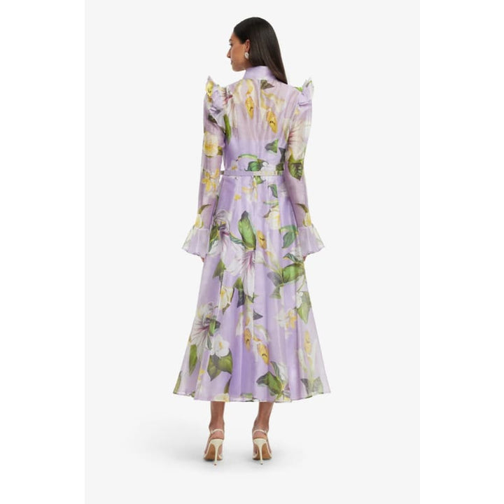 Katrina Butterfly Sleeve Midi Dress | Lily Blossom Print In Lilac - Dress