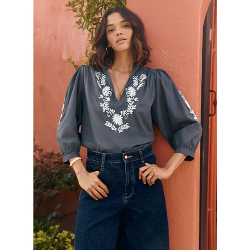 Mexican Embroidery Blouse | Slate Ecru - Tops