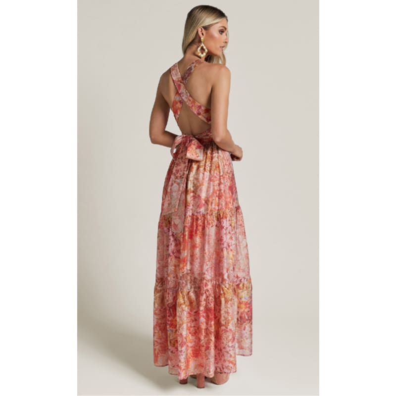 Monte Plunge Neck Tie Back Tiered Maxi Dress | Morocco Print - Dress