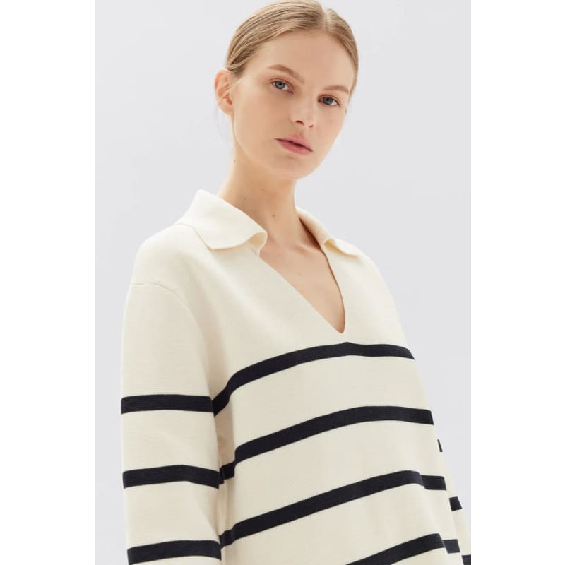 Parisienne Stripe Knit Polo | True Navy - Tops