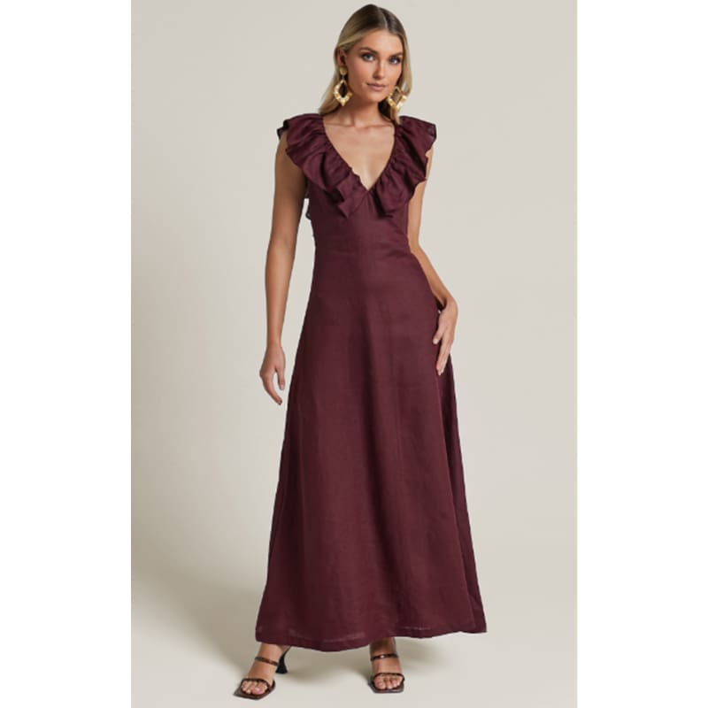 Penelope Linen Flutter Sleeve Low Back Maxi Dress | Wine - Dress
