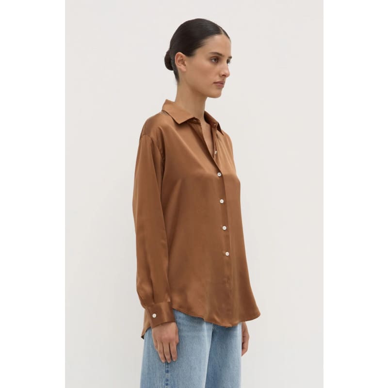 Pippa Silk Long Sleeve Shirt | Bronze - Tops