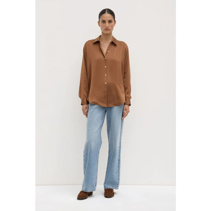 Pippa Silk Long Sleeve Shirt | Bronze - Tops
