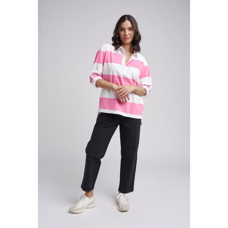 Stripe Boyfriend Rugby Sweater | Pink & White - Tops