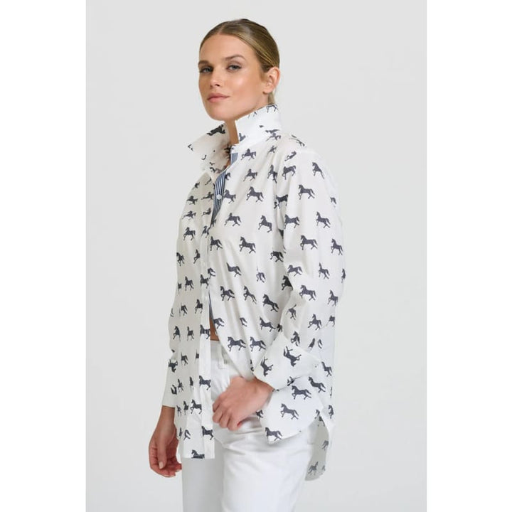 The Elodie Girlfriend Relaxed Shirt | White & Navy Pony Prance - Tops