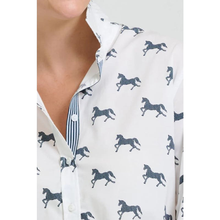 The Elodie Girlfriend Relaxed Shirt | White & Navy Pony Prance - Tops