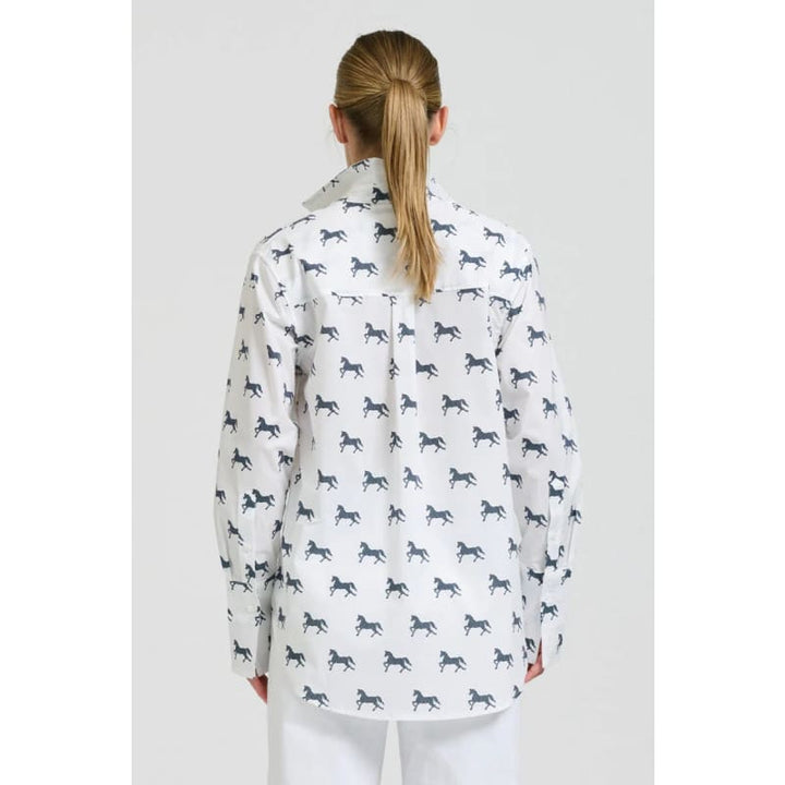 The Elodie Girlfriend Relaxed Shirt | White & Navy Pony Prance - Tops