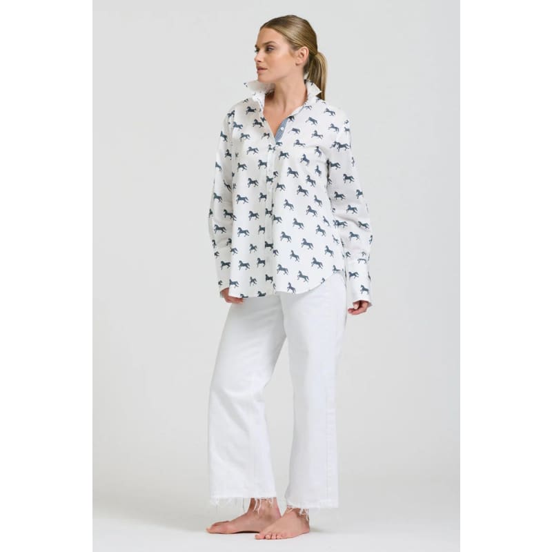 The Elodie Girlfriend Relaxed Shirt | White & Navy Pony Prance - Tops