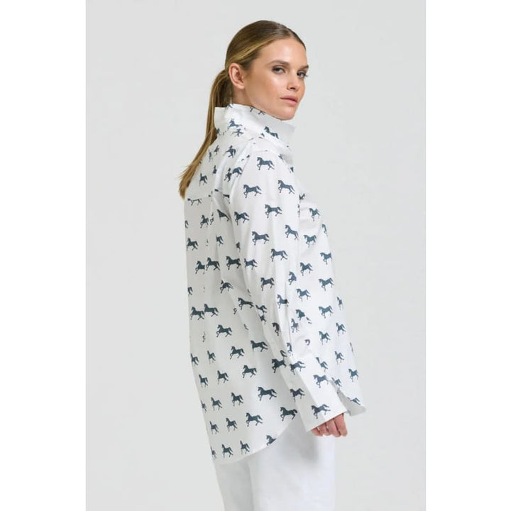 The Elodie Girlfriend Relaxed Shirt | White & Navy Pony Prance - Tops