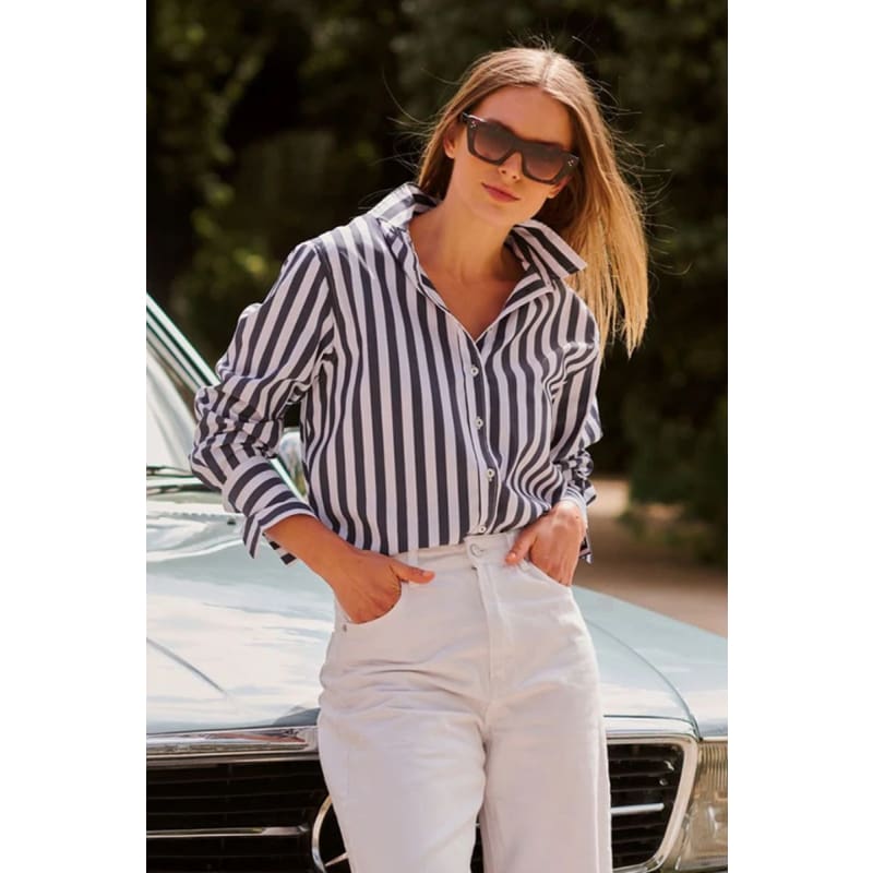 The Elodie Girlfriend Shirt | Navy Wide Stripe - Tops