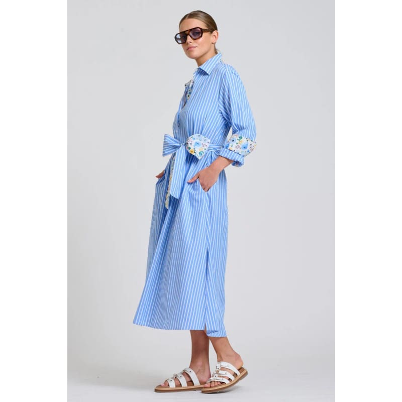 The Luna Oversized Long Line Shirt Dress | Blue Stripe Floral Trim - Dress