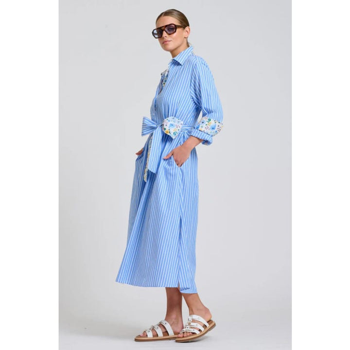 The Luna Oversized Long Line Shirt Dress | Blue Stripe Floral Trim - Dress