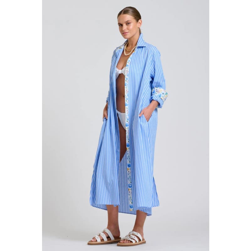 The Luna Oversized Long Line Shirt Dress | Blue Stripe Floral Trim - Dress