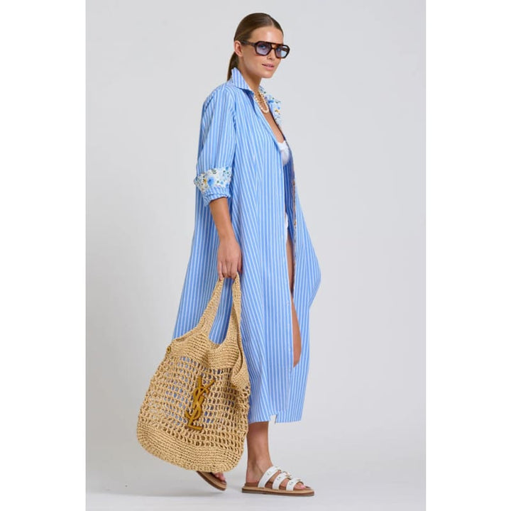 The Luna Oversized Long Line Shirt Dress | Blue Stripe Floral Trim - Dress