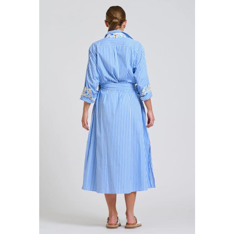 The Luna Oversized Long Line Shirt Dress | Blue Stripe Floral Trim - Dress