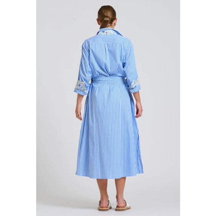 The Luna Oversized Long Line Shirt Dress | Blue Stripe Floral Trim - Dress