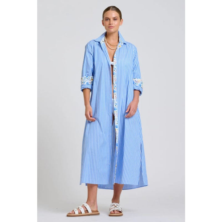 The Luna Oversized Long Line Shirt Dress | Blue Stripe Floral Trim - Dress