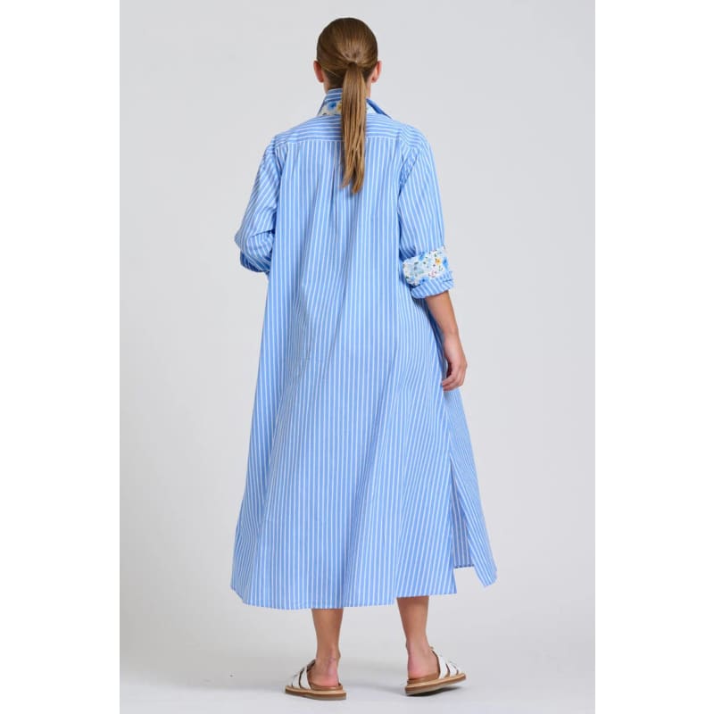 The Luna Oversized Long Line Shirt Dress | Blue Stripe Floral Trim - Dress