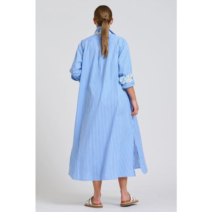 The Luna Oversized Long Line Shirt Dress | Blue Stripe Floral Trim - Dress