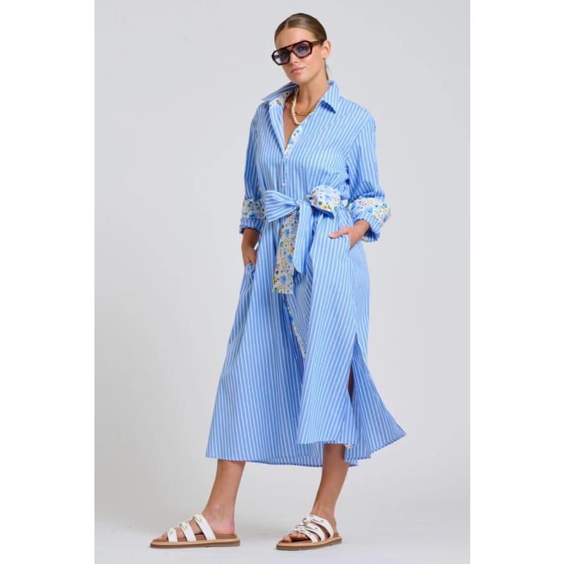 The Luna Oversized Long Line Shirt Dress | Blue Stripe Floral Trim - Dress