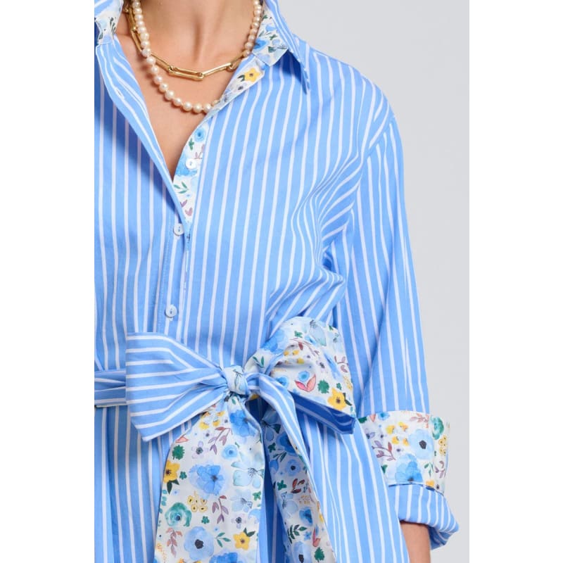 The Luna Oversized Long Line Shirt Dress | Blue Stripe Floral Trim - Dress