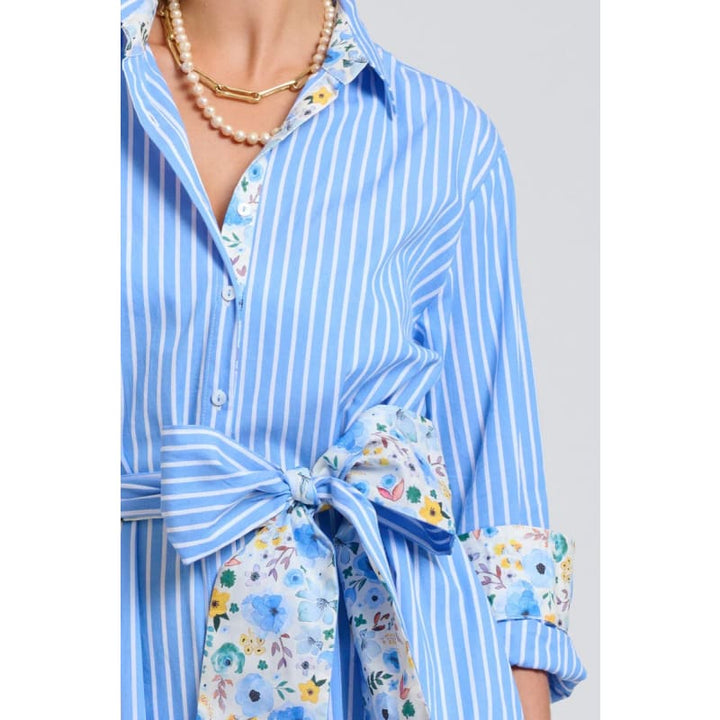 The Luna Oversized Long Line Shirt Dress | Blue Stripe Floral Trim - Dress
