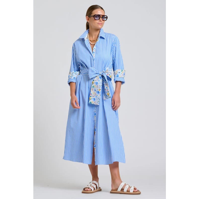 The Luna Oversized Long Line Shirt Dress | Blue Stripe Floral Trim - Dress