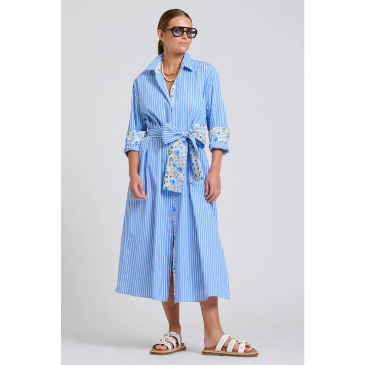 The Luna Oversized Long Line Shirt Dress | Blue Stripe Floral Trim - Dress