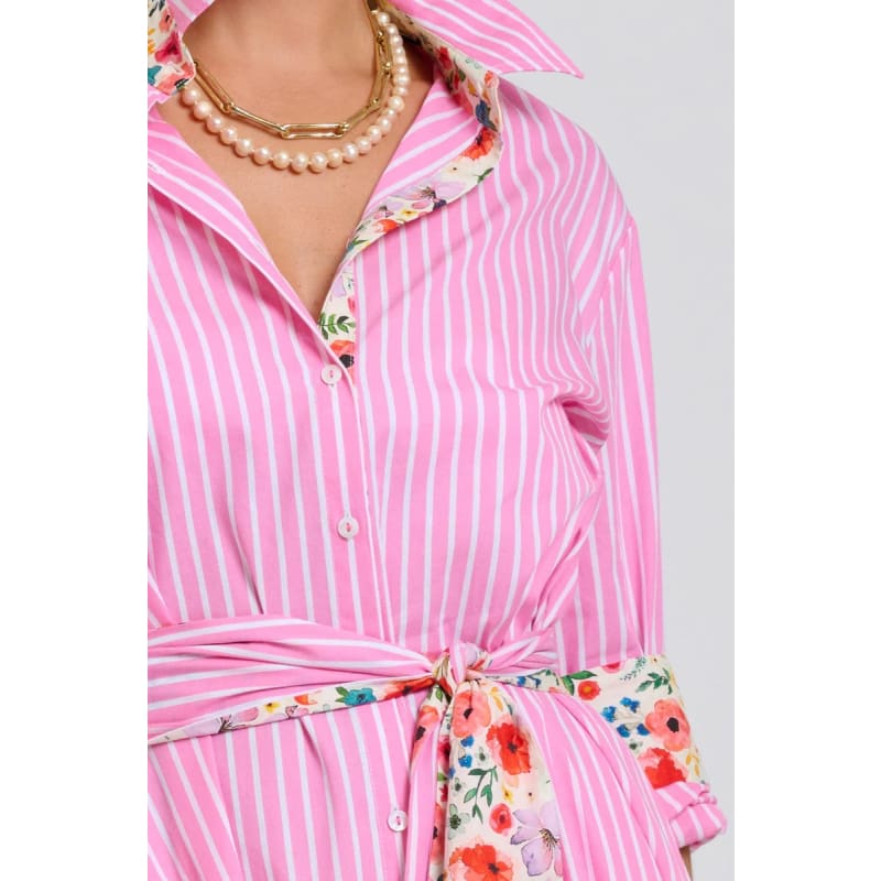 The Luna Oversized Long Line Shirt Dress | Pink Stripe Floral Trim - Dress